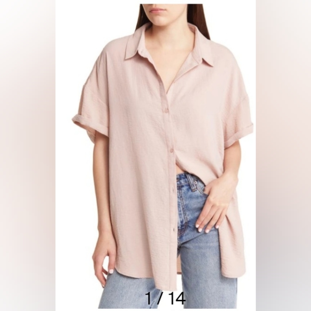 NEW Treasure & Bond oversize tunic short sleeveWomen's Pink Button-Up Top size S